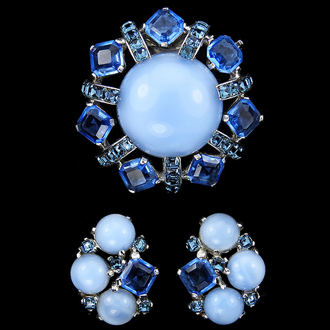 MB Boucher Blue Moonstone Cabochons Square Cut Blue Topaz and Invisibly Set Sapphires Circle Pin Clip and Clip Earrings Set