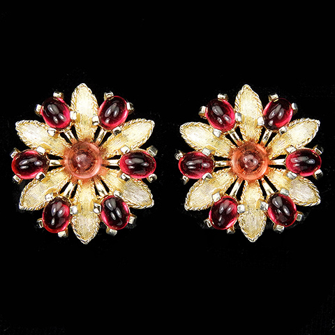 Boucher Gold Leaves and Ruby Cabochons Fiower Clip Earrings