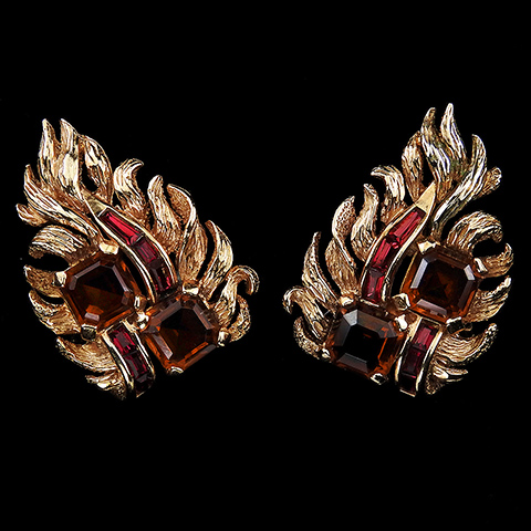 Boucher Gold Square Cut Topaz and Ruby Baguettes Floral Leaf Clip Earrings