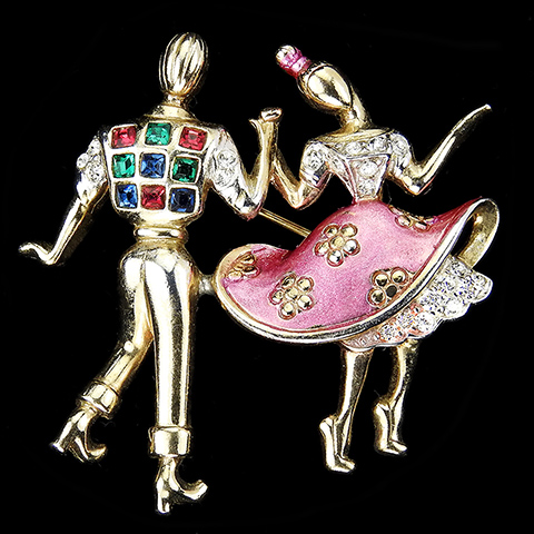 Boucher Gold Pave Enamel and Multicolour Stones Jitterbug Jiving Dancing Couple Pin