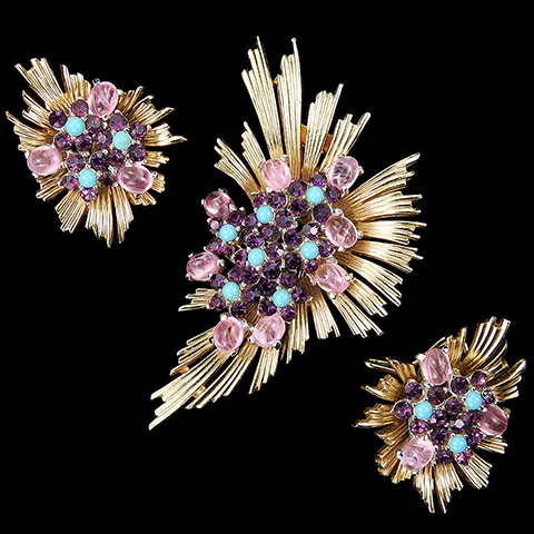 Boucher Gold Sunburst Amethysts Pink Quartz Cabochons and Turquoise Flower and Leaf Pin Clip and Wingback Earrings Set