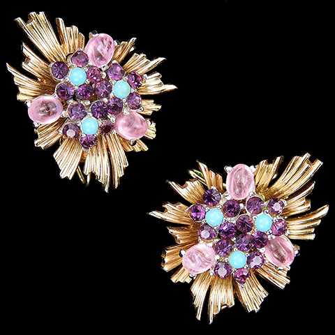 Boucher Gold Sunburst Amethysts Pink Quartz Cabochons and Turquoise Flower and Leaf Wingback Earrings