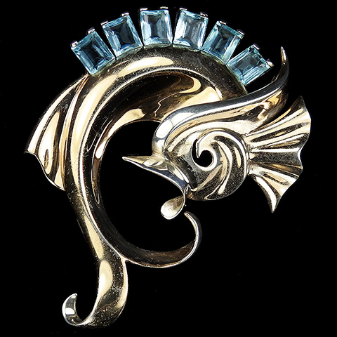 MB Boucher Sterling Gold and Square Cut Aquamarines Swirling Fish Pin