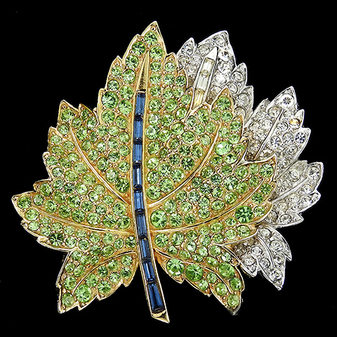Boucher Gold Pave Peridot and Diamante and Sapphire Baguettes Double Maple Leaf Pin