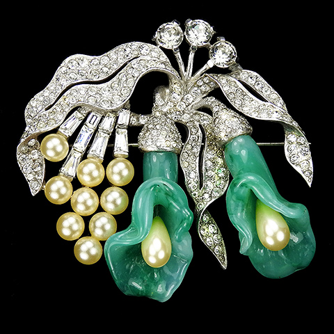 MB Boucher 'Premiere Fleur' Pave Baguettes Green Poured Glass Flowers and Pearls Floral Spray Pin