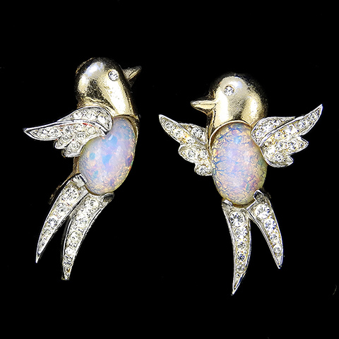 MB Boucher Pair of Opal Belly Lovebird Bird Pins - 'He Bird' and 'She Bird'