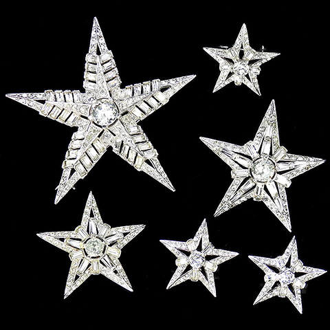 Boucher Pave and Baguettes Set of Four Graduated Star Scatter Pins and Clip Earrings Set