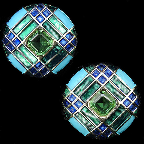 Boucher Peridot Turquoise Blue and Green Metallic Enamel Checkerboard Style Button Clip Earrings