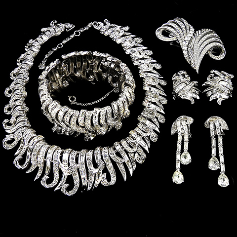 Boucher 'La Scala' Pave and Baguettes Waving Grass Choker Necklace, Bracelet, Duette Pin, Clip Earrings and Pendant Earrings Set