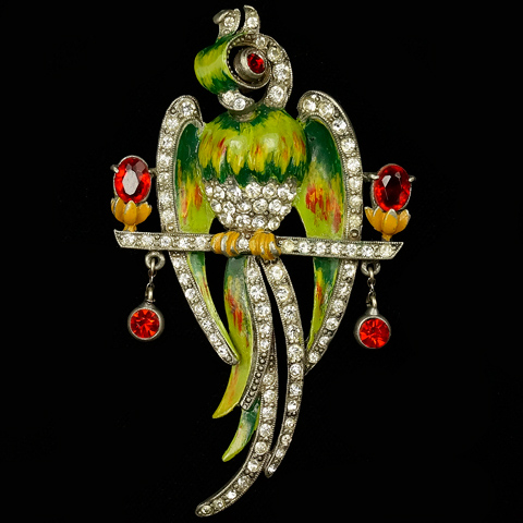 Staret Pave and Enamel Parrot on a Perch with Pendants Pin