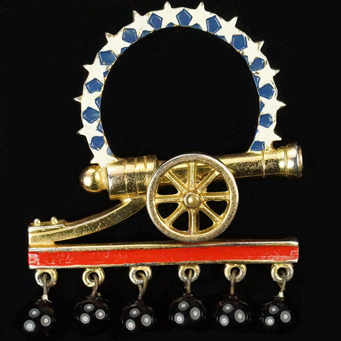 Silson WW2 US Patriotic Red White and Blue Golden Cannon with Halo of Stars, Stripe and Pendant Cannonballs Pin