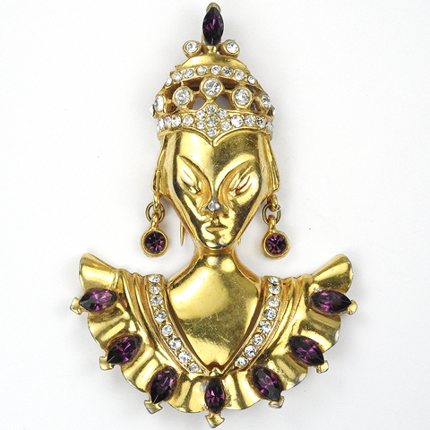 Reinad Gold Pave and Amethysts Asian Empress or Oriental Princess Pin Clip