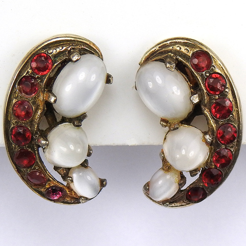 Eisenberg Sterling White Moonstone and Rubies Crescent Moon Shaped Screwback Earrings