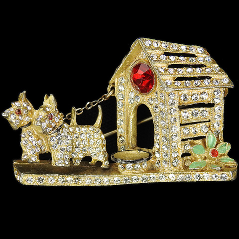 Staret (unsigned) Gold Pave and Enamel Pair of Trembler Scottie Dogs Outside their Kennel with Food Bowl Pin