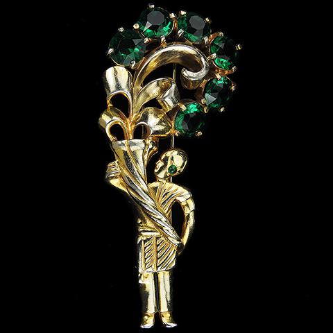 Eisenberg Original Gold and Emerald Chatons Egyptian Man Holding a Cornucopia with Giant Flowering Branch Pin Clip