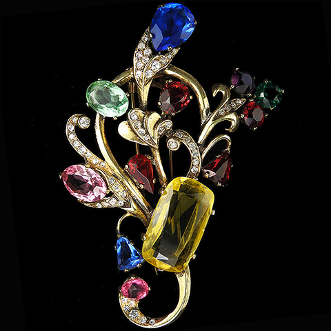 Eisenberg Sterling Oval Teardrop Diamond and Triangle Cut Multicolour Gems Flowers on Gold and Pave Branches Pin Clip
