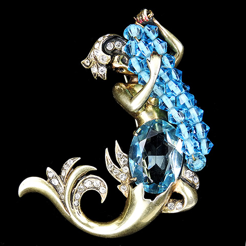 Eisenberg Sterling Gold Pave and Aquamarine Naiad or Mermaid with Aqua Seaweed Strands Pin
