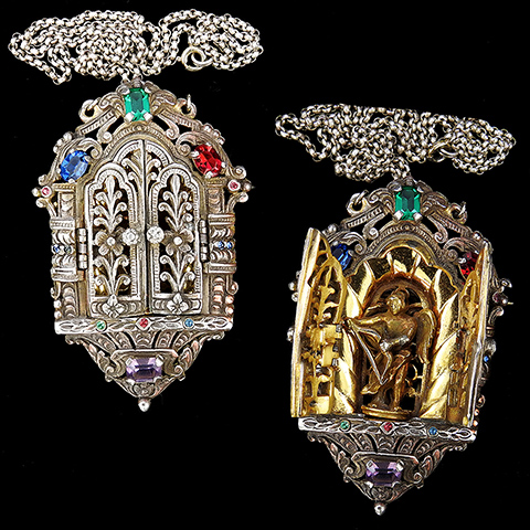 Rice Weiner Athennic Arts Gold Multicolour Stones Greek Classical Eros or Cupid Shrine with Moveable Doors Pin or Pendant Necklace