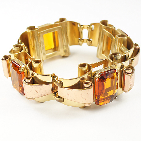 Coro Yellow and Rose Gold Scrolls and Topaz Four Element Link Bracelet