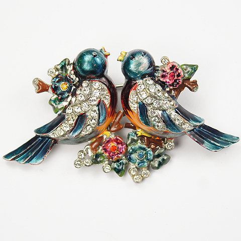 Coro Pave and Blue Metallic Enamelled Lovebirds on Flowery Branches Duette