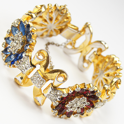Corocraft Gold Scrolls and Ruby, Sapphire and Aqua Flowers Bracelet