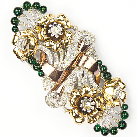 Coro Pave Emerald Cabochons and Two Colour Gold Flowers Deco Dress Clip Duette