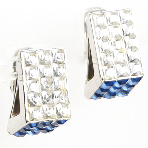 Coro Modernist Invisibly Set Diamonds and Sapphires Sharks Tooth Clip Earrings