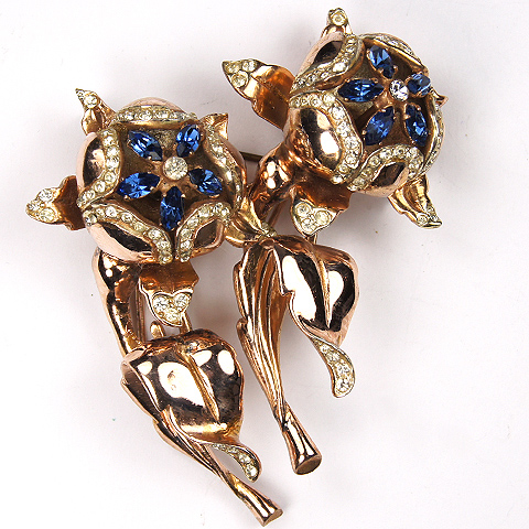 Coro Sterling Gold and Sapphires 'Sparkling Peonies' Star Flowers Duette