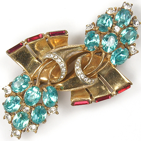 Coro Sterling Gold Aquamarine and Ruby Floral Swirl Duette