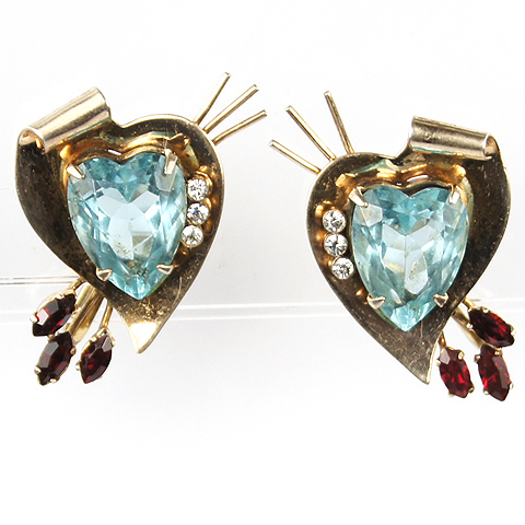 Coro Sterling Gold Heart Shaped Aquamarines on Artists Palettes with Ruby Paint Brushes Screwback Earrings