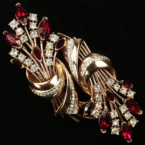 Corocraft Sterling Gold Pave and Ruby Floral Swirls Pin Clips Duette