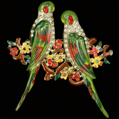 Coro Pave and Enamel Pair of Parakeet Birds on Flower Branches Duette