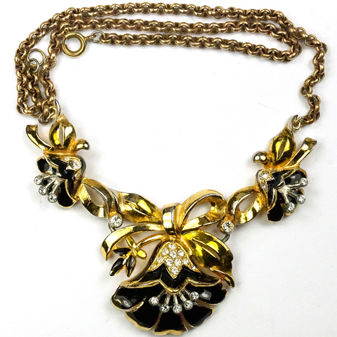 Coro (unsigned) Golden Bows and Black Lotus Flowers Necklace