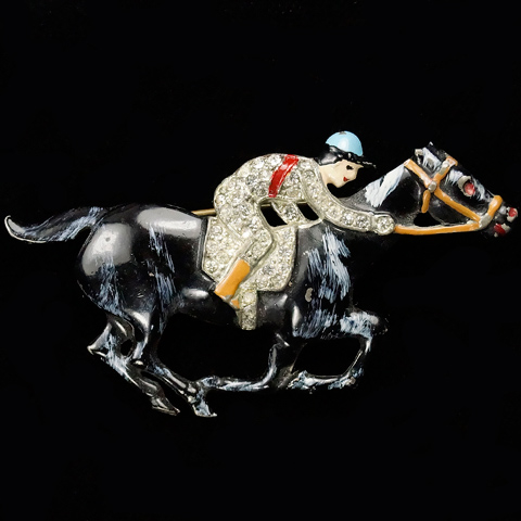 Coro (unsigned) Pave and Enamel Racehorse and Jockey Pin