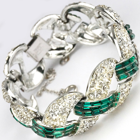 Coro Pave and Invisibly Set Emeralds Wide Cross Links Bracelet