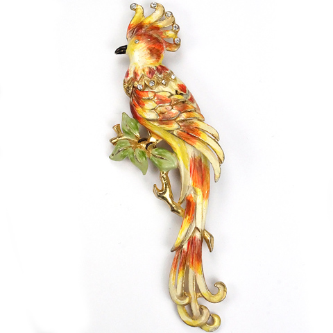 Coro Gold Spangles and Orange and Yellow Enamel Giant Crested Peacock or Bird of Paradise on a Branch Pin Clip