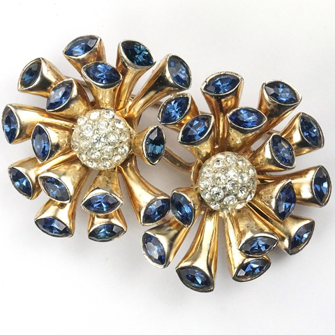 Corocraft Sterling 'Marguerite' Gold Pave and Sapphire Double Flower Duette