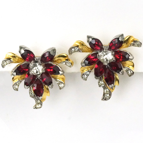 Coro Gold Leaves and Ruby Flowers Screwback Earrings