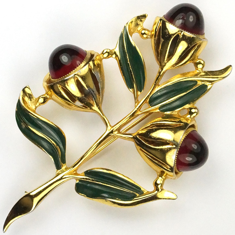 Coro 'Adolph Katz' Gold Green Enamel Leaves and Ruby Cabochons Triple Camellia Carmen Miranda Floral Spray Pin