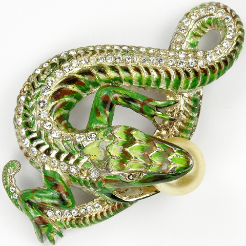 Corocraft Sterling 'Jewels of Fantasy' Pave and Enamel Lizard Eating a Pearl Egg Pin
