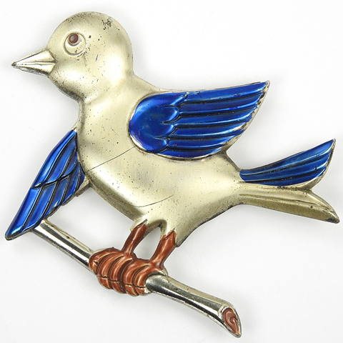 Coro Sterling Metallic Enamelled Bird on Branch Pin