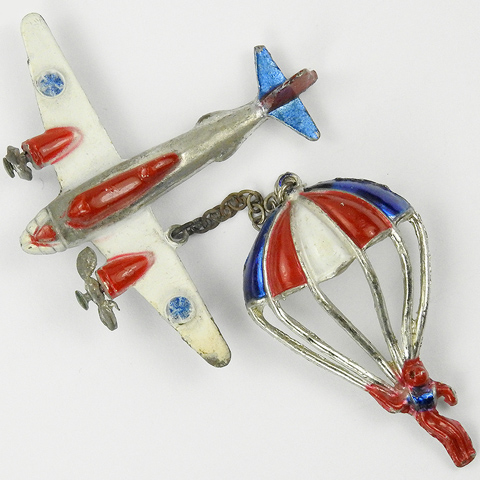 Coro 'Marion Weeber' US Patriotic Red White and Blue Aeroplane and Pilot in Parachute Chatelaine Pins