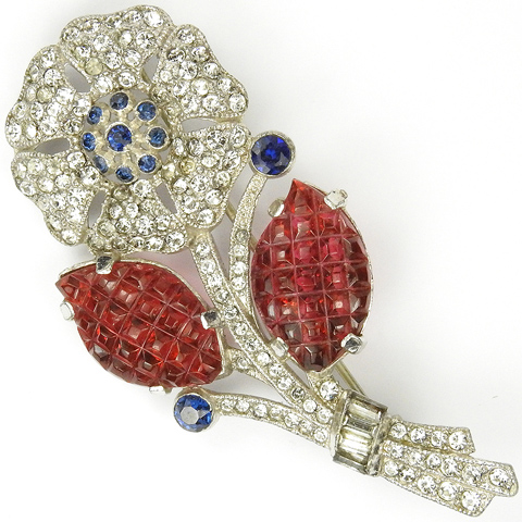 Coro Pave Sapphires and Invisibly Set Rubies Flower and Leaves Pin