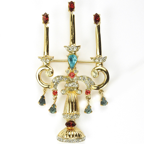 Coro Gold Pave and Multicolour Stones Candelabra with Pendants Pin