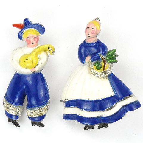 Coro WW2 Allies Patriotic Dutch Couple Man with Goose and Lady with Basket of Eggs Pair of Pins