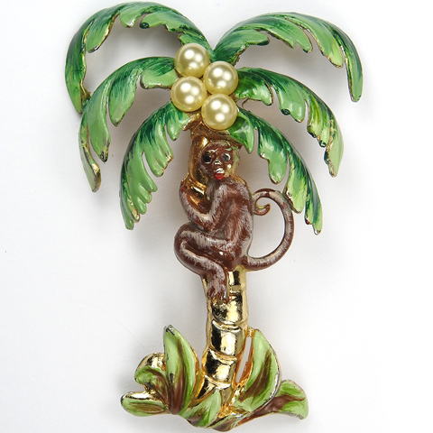 Coro Gold and Enamel Monkey Climbing a Pearl Coconut Tree Pin