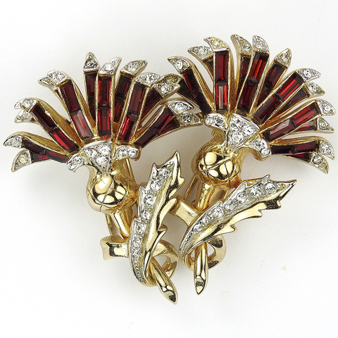 Corocraft Gold Pave and Ruby Baguettes Thistles Pin Clip Duette