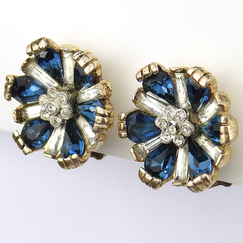 Coro (unsigned) Gold Sapphire and Diamante Flower Clip Earrings