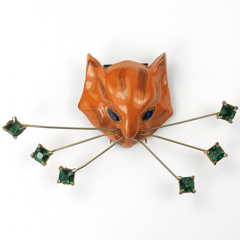 Coro 'Henry Rosenblatt' Enamelled Cat with Six Emerald Whiskers Pin Clip
