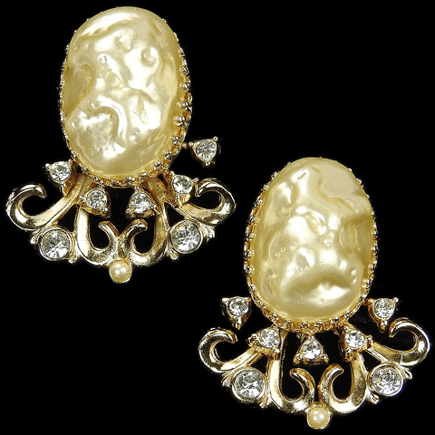Coro Gold Filigree Diamante Spangles and Baroque Pearls Screwback Earrings